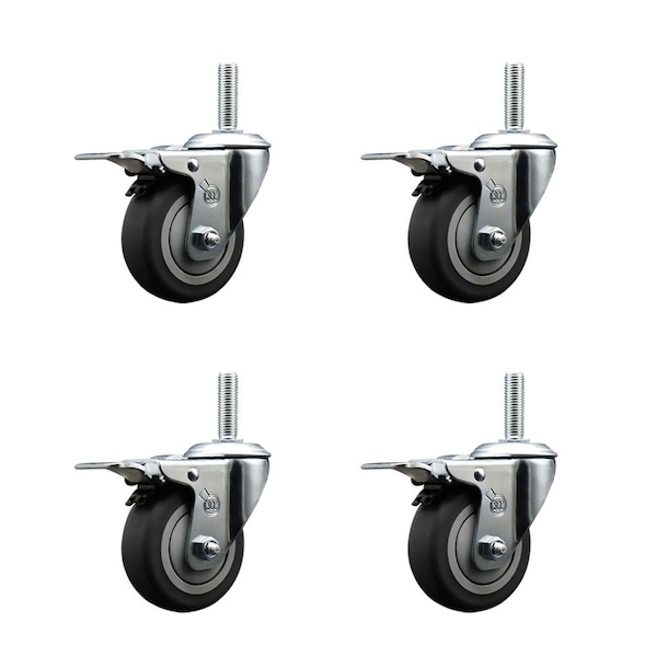 35 Inch Thermoplastic  Rubber Swivel 34 Inch Threaded Stem Caster Set with Total Lock Brake